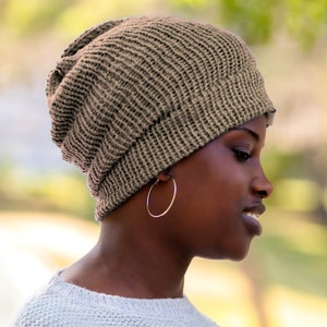 Beige Satin Lined Knit Beanie Wool Mix