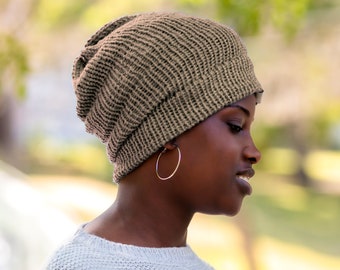 Beige Satin Lined Knit Beanie Wool Mix