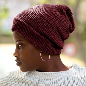 Burgundy, Satin Lined Knit Beanie, Wool Mix