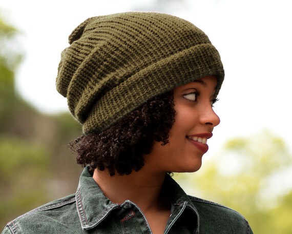 Olive Satin Lined Knit Beanie Khaki 