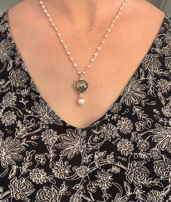 5 Feet Labrodorite with Pearl Gemstone Cluster Chain Wire Wrapped Beads Chain Dangle Beads Chain Black Plated Link Chain by LadoNarayani 5 Feet Labrodorite with Pearl Gemstone Cluster Chain Wire Wrapped Beads Chain Dangle Beads Chain Black Plated Link Chain by LadoNarayani