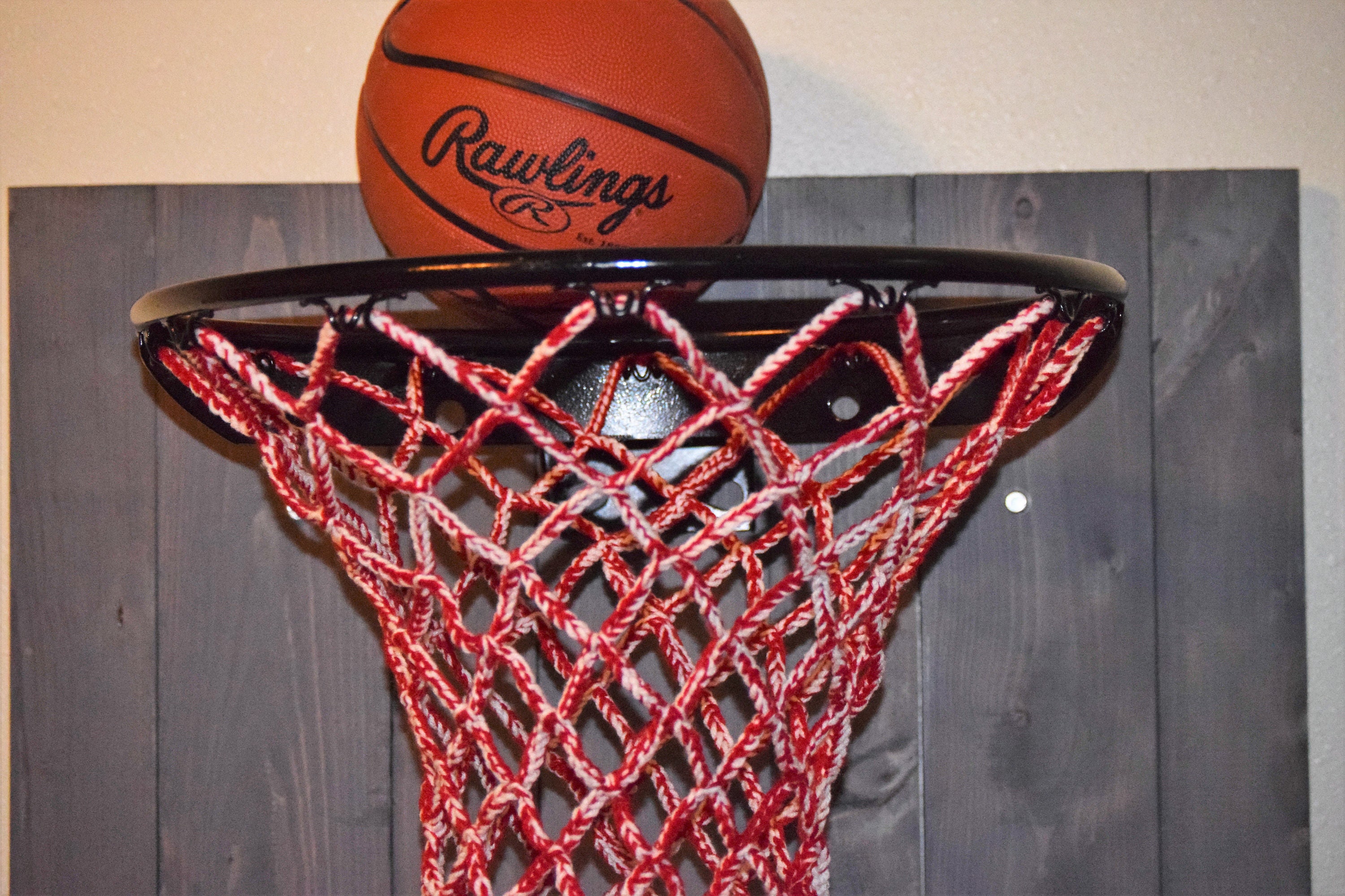 Hand made crochet basketball net. Red and White acrylic. Fits Etsy