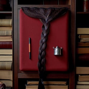 May include: A long, dark brown plait lies on a red cushion, with a black and orange pen and a small silver pot. The background features a wooden bookshelf filled with books. The scene is set in a library.