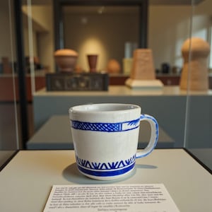 May include: White ceramic mug with blue geometric patterns around the top and bottom, and on the handle. The mug is displayed in a museum setting, with other pottery pieces visible in the background.