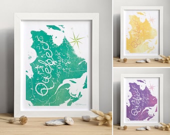 Poster with illustration of Quebec - Map of the beautiful Province and wind rose - Decoration green, purple or yellow