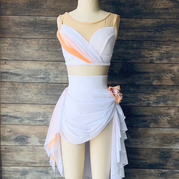 PASSION FLOWER-Custom White Lyrical Dance Costume with Peach Accent/Two Piece Lyrical Dance Costume/ Completion Dance Costume