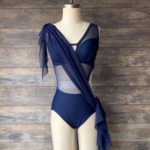 WISTERIA-Custom Navy Lycra/Mesh Costume/A-Symmetrical Design/ Lyrical Dance Costume/ Competition Dance Costume/Contemporary Dance Costume