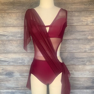 WISTERIA with skirt-Custom Wine Lycra/Mesh Costume/A-Symmetrical Design/Lyrical Dance Costume/Contemporary Dance Costume