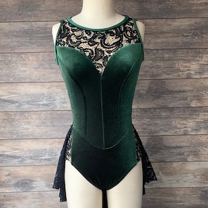 CYPRESS-Custom Hunter Green Velvet w/Black Lace inserts and back skirt/Jazz Dance Costume/Contemporary Costume