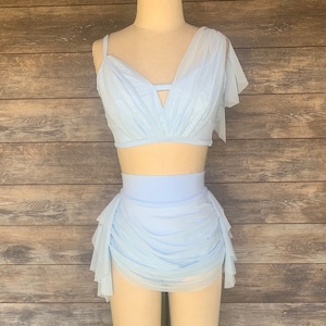 ZINNIA-Custom Sky Blue Two Piece /Sky Blue Mesh Accents and skirt/Lyrical Dance Costume/Contemporary Costume