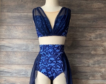 VIOLA-Custom Navy Lace Two Piece Layered over Periwinkle Lycra/Navy Mesh Accents and skirt/Lyrical Dance Costume/Contemporary Costume