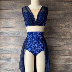 VIOLA-Custom Navy Lace Two Piece Layered over Periwinkle Lycra/Navy Mesh Accents and skirt/Lyrical Dance Costume/Contemporary Costume