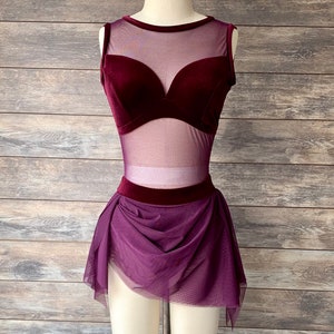 BEGONIA-Merlot Velvet with Merlot Mesh at neckline/Merlot Mesh Double Layer A-Symetrical Skirt/Open Back Lyrical Costume with Velvet Trim