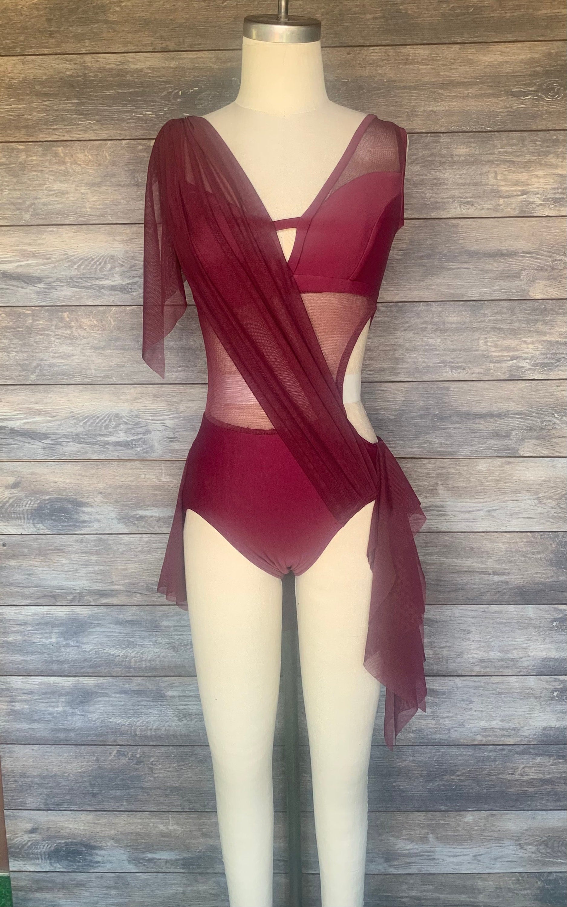 Wisteria With Skirt-Custom Wine Lycra/Mesh Costume/A-Symmetrical Design/Lyrical Dance Costume/Contemporary Costume
