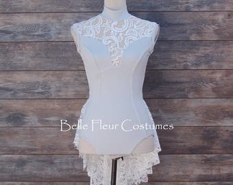 FREESIA-Custom Silver Lyrical Dance Costume with Lace Skirt/Princess Seamed Contemporary Dance Costume/Open Back Competion Dance Costume