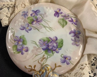 Victorian Hand painted, hand held, porcelain mirror