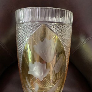 Bohemian Czech Amber cut to clear floral vase
