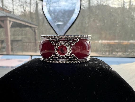 Sterling silver 2 piece insert Red Indonesian Cor… - image 1