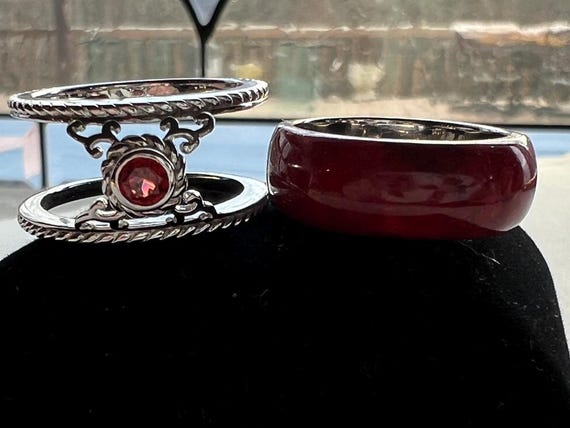 Sterling silver 2 piece insert Red Indonesian Cor… - image 8