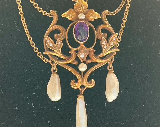 Art Nouveau 14K Gold Amethyst Pearl Festoon Necklace - Etsy