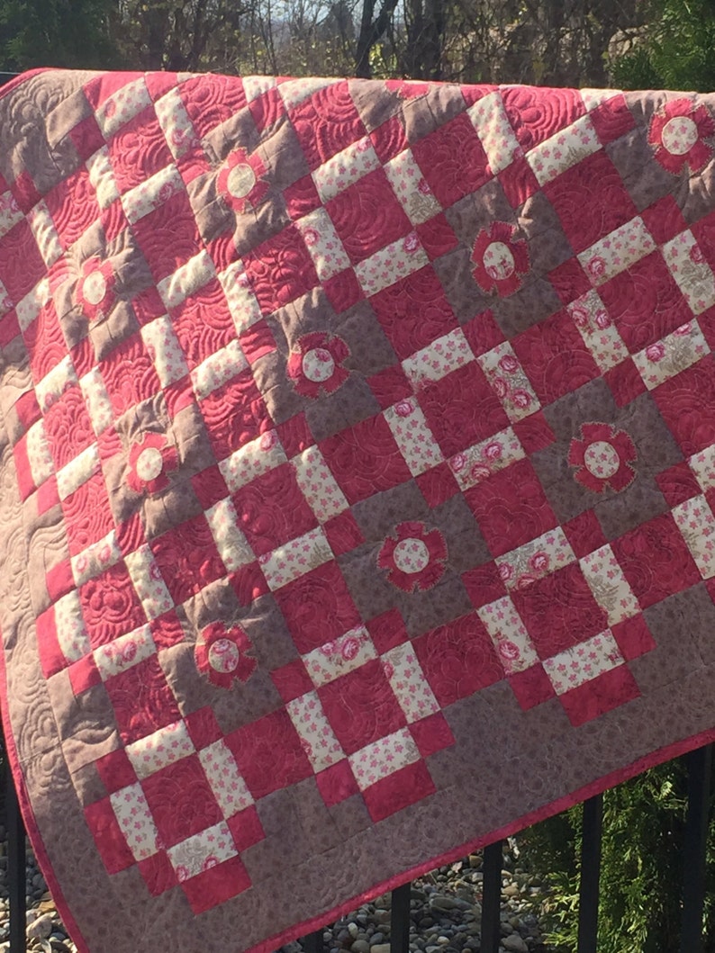 autumn quilt raspberry and brown throw quilt brown pink lap quilt Handmade lap quilt homemade nap quilt