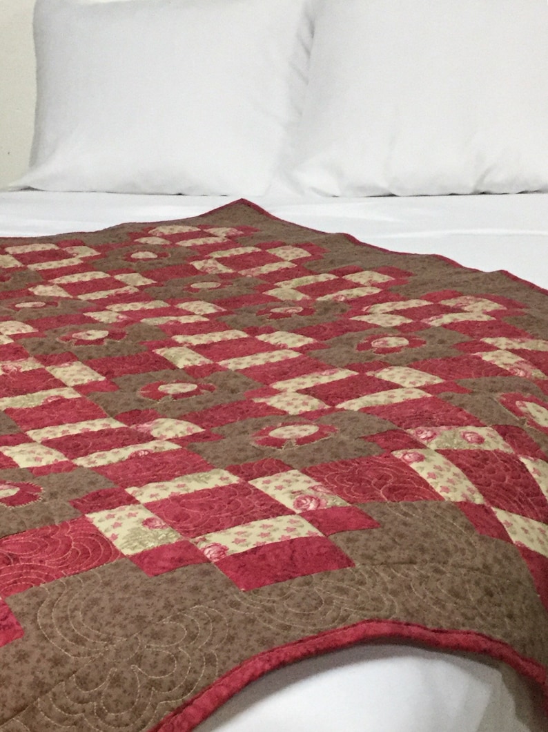autumn quilt raspberry and brown throw quilt brown pink lap quilt Handmade lap quilt homemade nap quilt