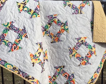 Handmade gray and gold quilt, colorful churn dash pattern, lap or throw size modern quilt homemade, available now to ship