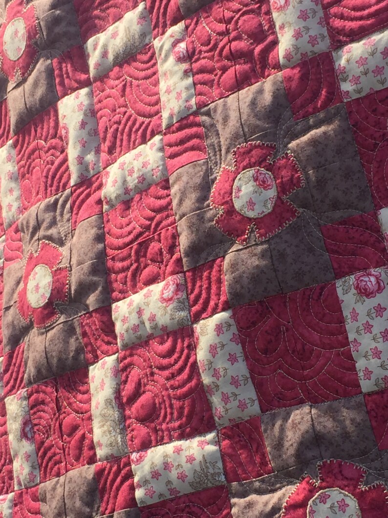 autumn quilt raspberry and brown throw quilt brown pink lap quilt Handmade lap quilt homemade nap quilt