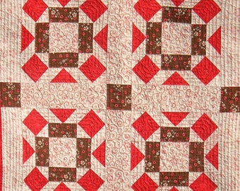 Handmade small lap quilt, birthday gift, homemade table topper quilt, wall quilt, art quilt, red, brown and beige small quilt