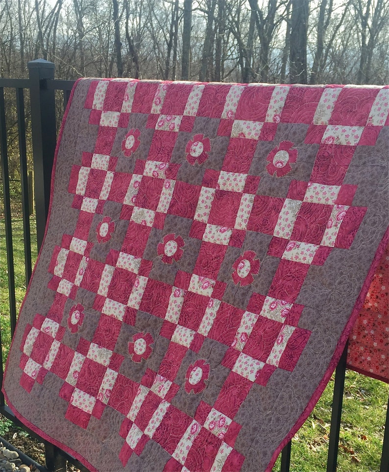 autumn quilt raspberry and brown throw quilt brown pink lap quilt Handmade lap quilt homemade nap quilt