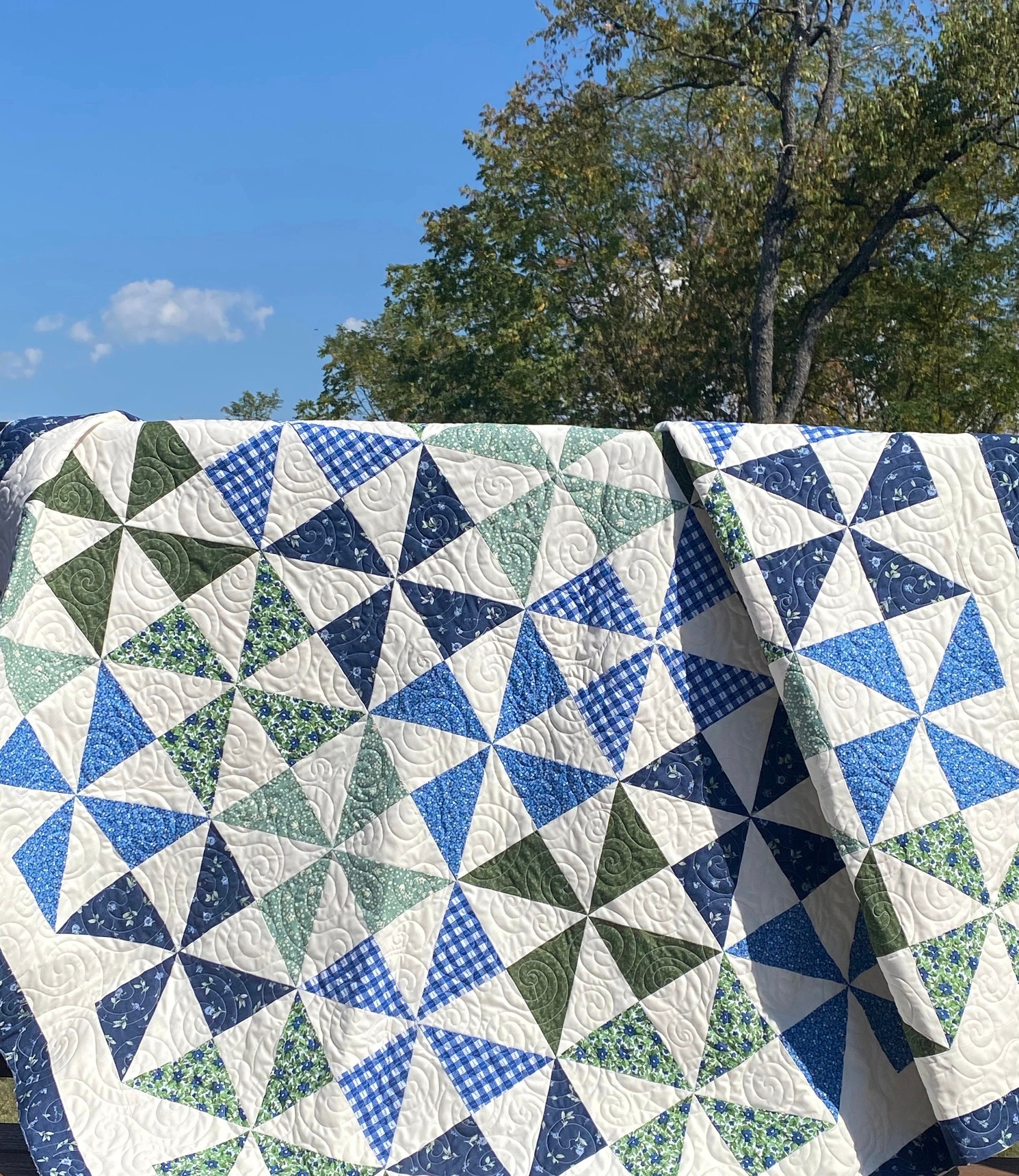 Handmade Pinwheel quilt, blue, green, white pinwheel large lap size quilt.  Available now