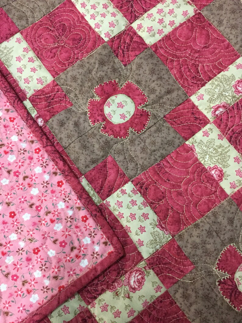 autumn quilt raspberry and brown throw quilt brown pink lap quilt Handmade lap quilt homemade nap quilt