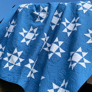 Handmade Ohio Star quilt, made to order in your choice of size and color, blue white lap quilt, made to order star bed quilt