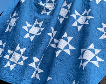 Handmade Ohio Star quilt, made to order in your choice of size and color, blue white lap quilt, made to order star bed quilt