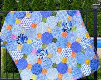 Handmade Cotton Patchwork Snowball Quilt in Blues