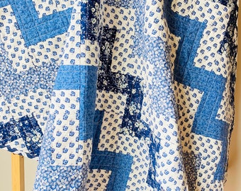 Blue and white quilt handmade, gift quilt, available now to ship; small lap size chevron zig zag butterfly quilt, baby or youth quilt