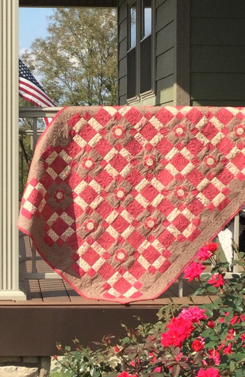 autumn quilt raspberry and brown throw quilt brown pink lap quilt Handmade lap quilt homemade nap quilt