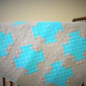 Handmade quilt light teal blue and gray baby quilt, churn dash pattern, available now,  toddler quilt, modern baby quilt