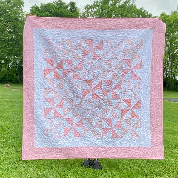 Handgemachter Windradquilt, rosa-weiß; Windrad Schossgröße Quilt; Muttertag oder Abschlussfeier Geschenk sofort verfügbar