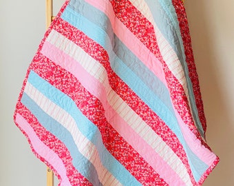 Handmade plush pink and blue baby quilt, minky back, soft baby girl quilt