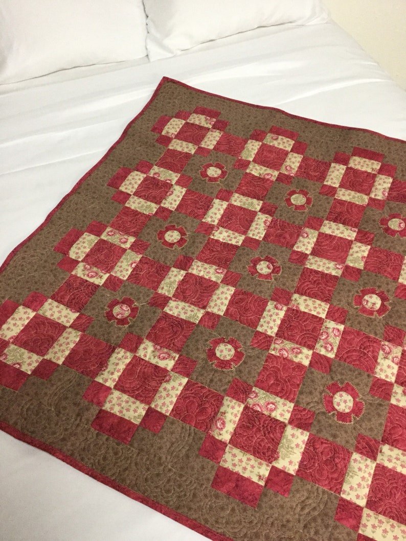 autumn quilt raspberry and brown throw quilt brown pink lap quilt Handmade lap quilt homemade nap quilt