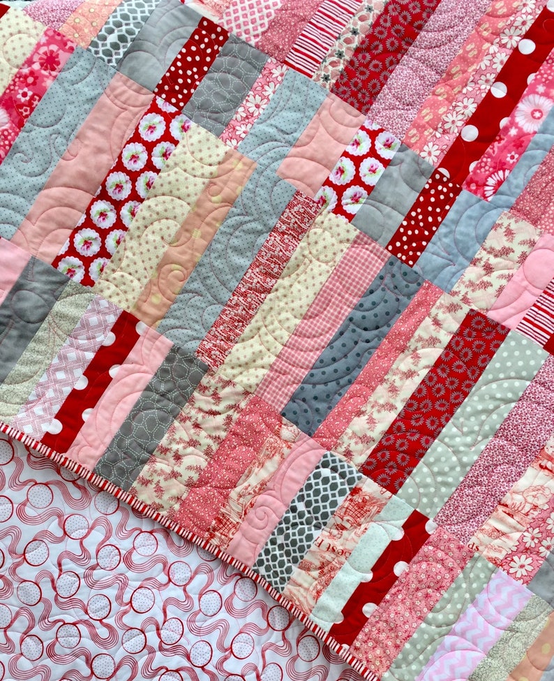 large throw quilt modern large lap quilt homemade red pink quilt feminine modern quilt Made to order Handmade pink red quilt