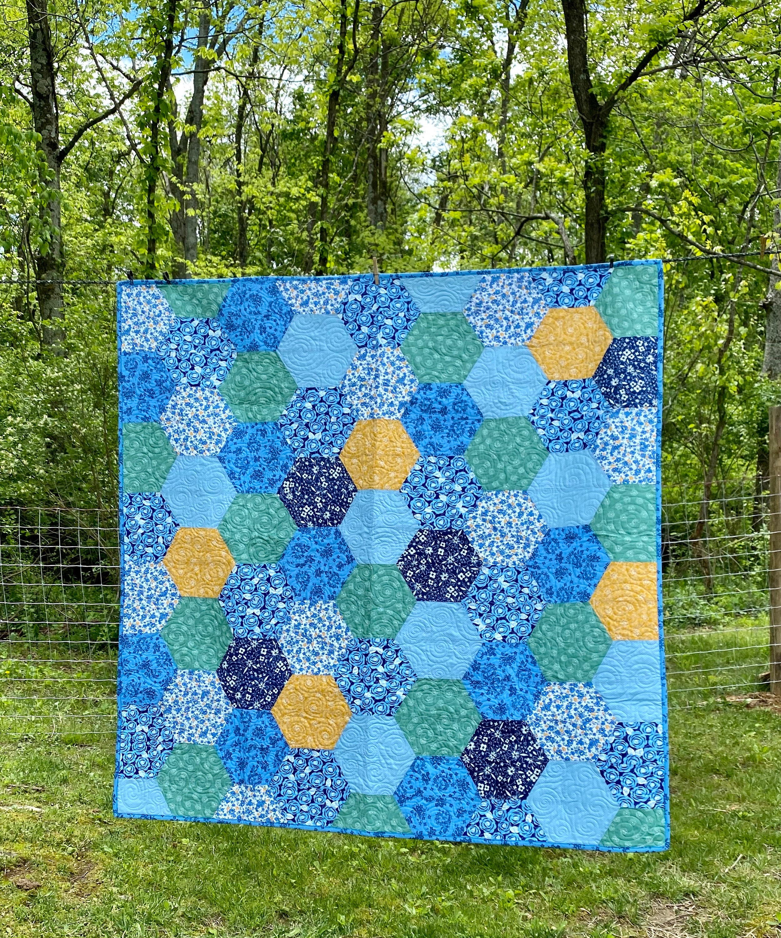 Handmade Hexagon Quilt Available Now Blue Green Throw pic