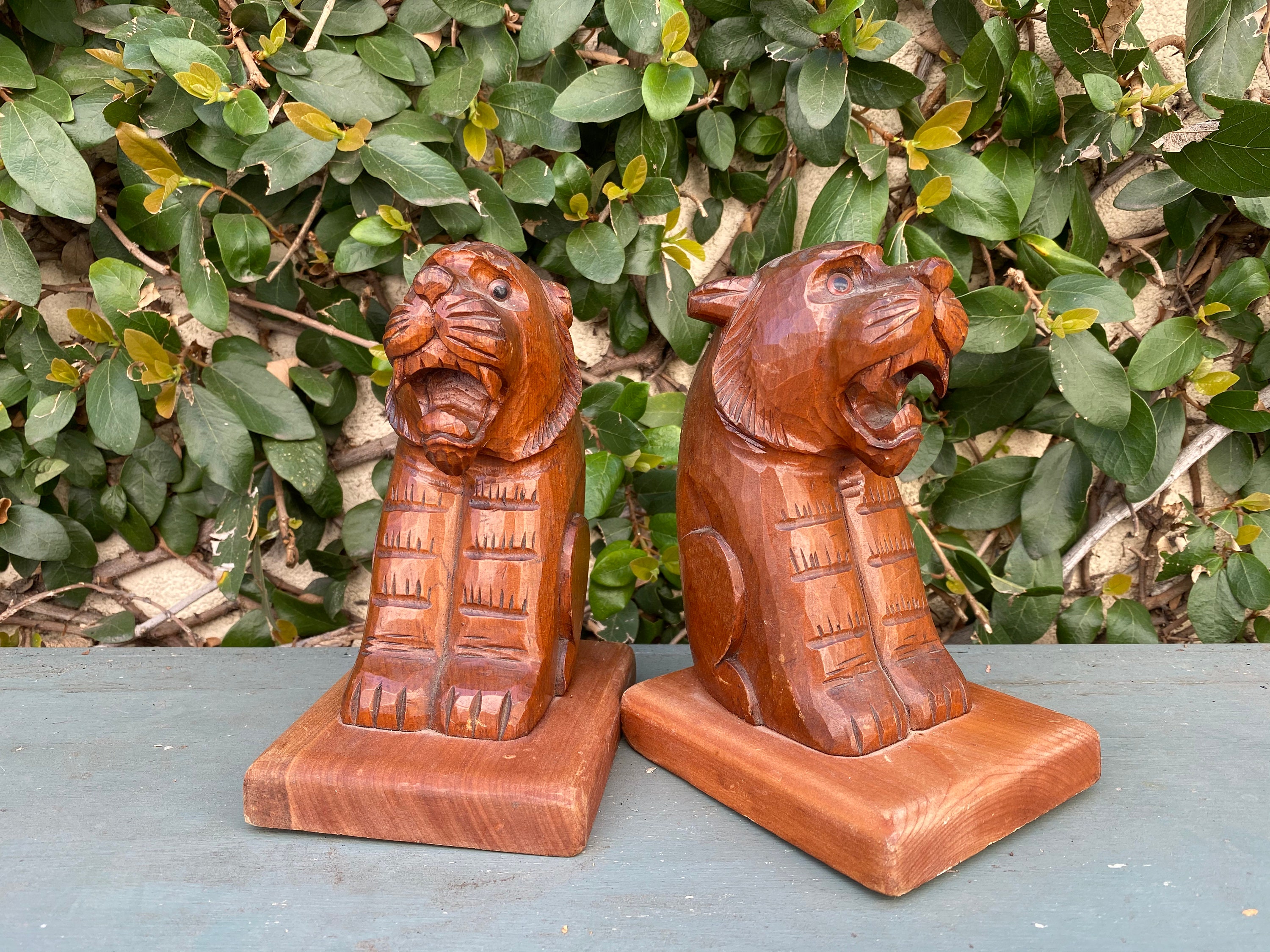 Wooden Tiger Bookends Wooden Bookends Animal Bookends Vintage Bookends