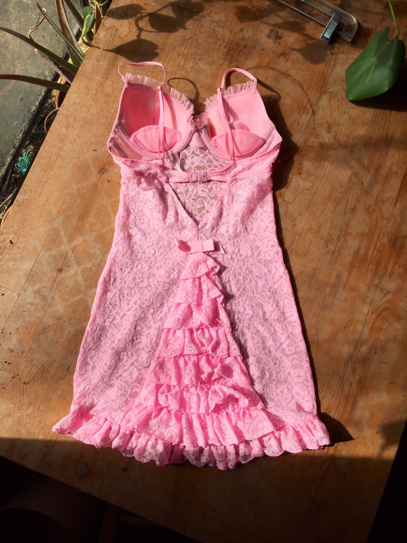 Vintage small victoria secret hot pink lace Chemise babydoll teddy camisole