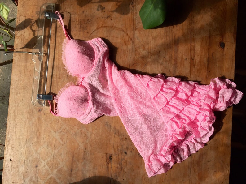 Vintage small victoria secret hot pink lace Chemise babydoll teddy camisole