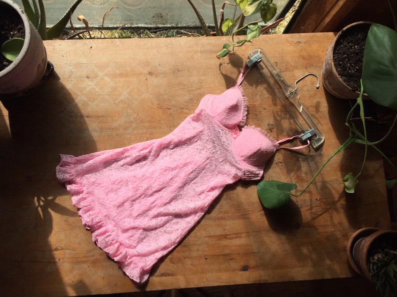 Vintage small victoria secret hot pink lace Chemise babydoll teddy camisole