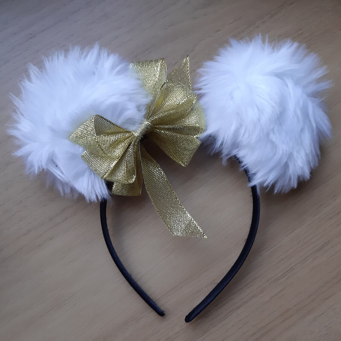 White Bear Cute Faux Fur Ears Headband Golden Bow Halloween - Etsy Denmark