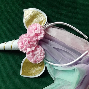 Unicorn Cat Kitty Girls Floral Roses White Pink Lace Shinny Headband Cosplay Festival Birthday Bachelorette Party New Years Halloween