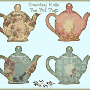 Pode incluir: Quatro etiquetas de bule de chá imprimíveis com um tema de rosa do campo. Cada etiqueta apresenta um padrão floral diferente em tons de rosa, azul e verde. As etiquetas têm um espaço para escrever nelas.